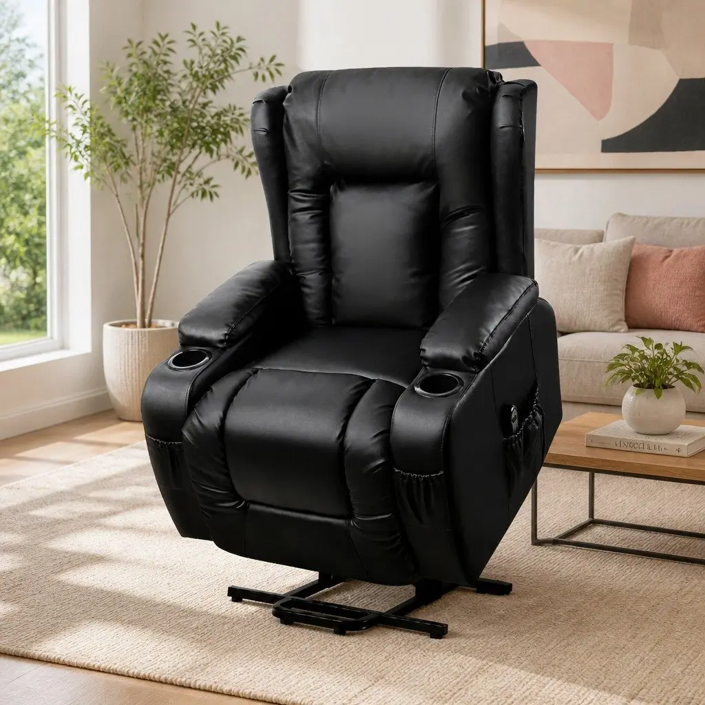 Massage Recliner Chair Lift Assist Heated Adjustable Footrest Black Leather