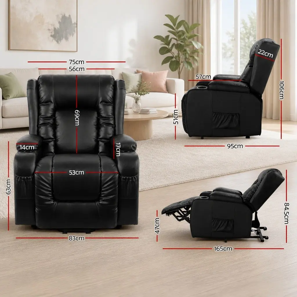Massage Recliner Chair Lift Assist Heated Adjustable Footrest Black Leather