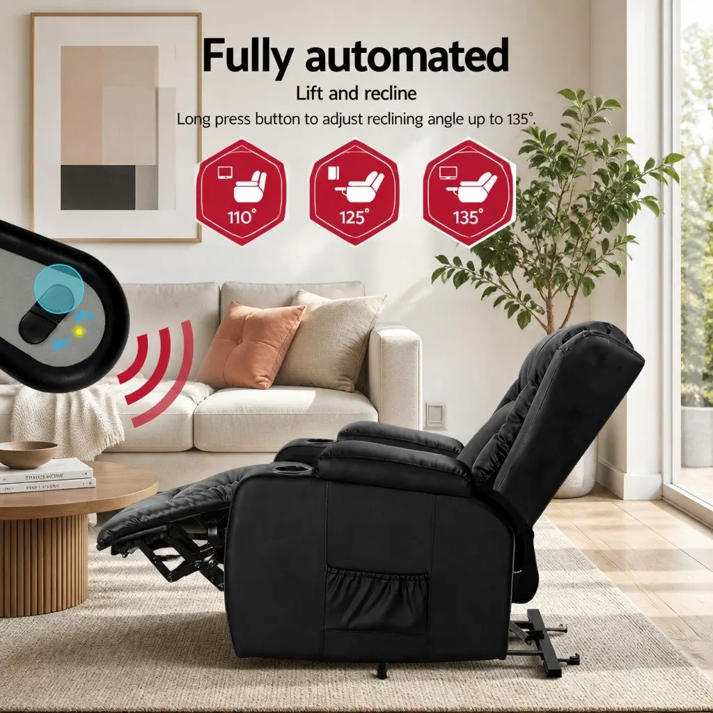 Massage Recliner Chair Lift Assist Heated Adjustable Footrest Black Leather