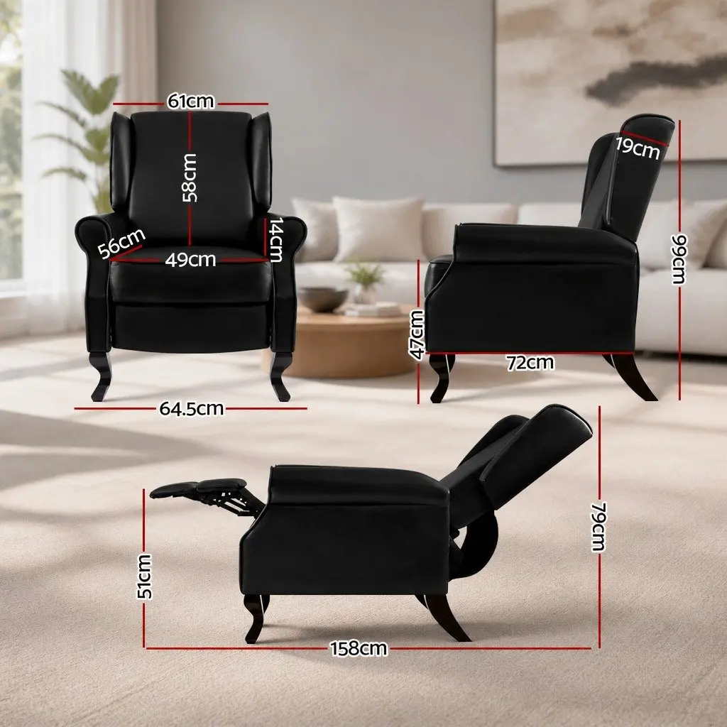 Recliner Armchair Black Faux Leather Adjustable Backrest Footrest Lounge Chair