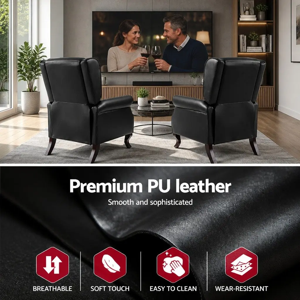 Recliner Armchair Black Faux Leather Adjustable Backrest Footrest Lounge Chair