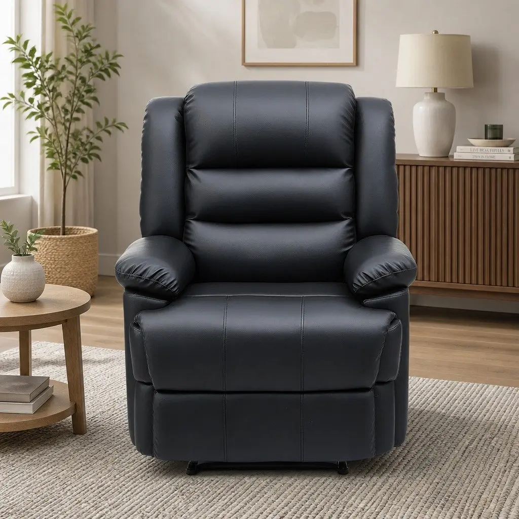 Manual Recliner Chair PU Leather Black with Footrest and 16 Colour LED Lights