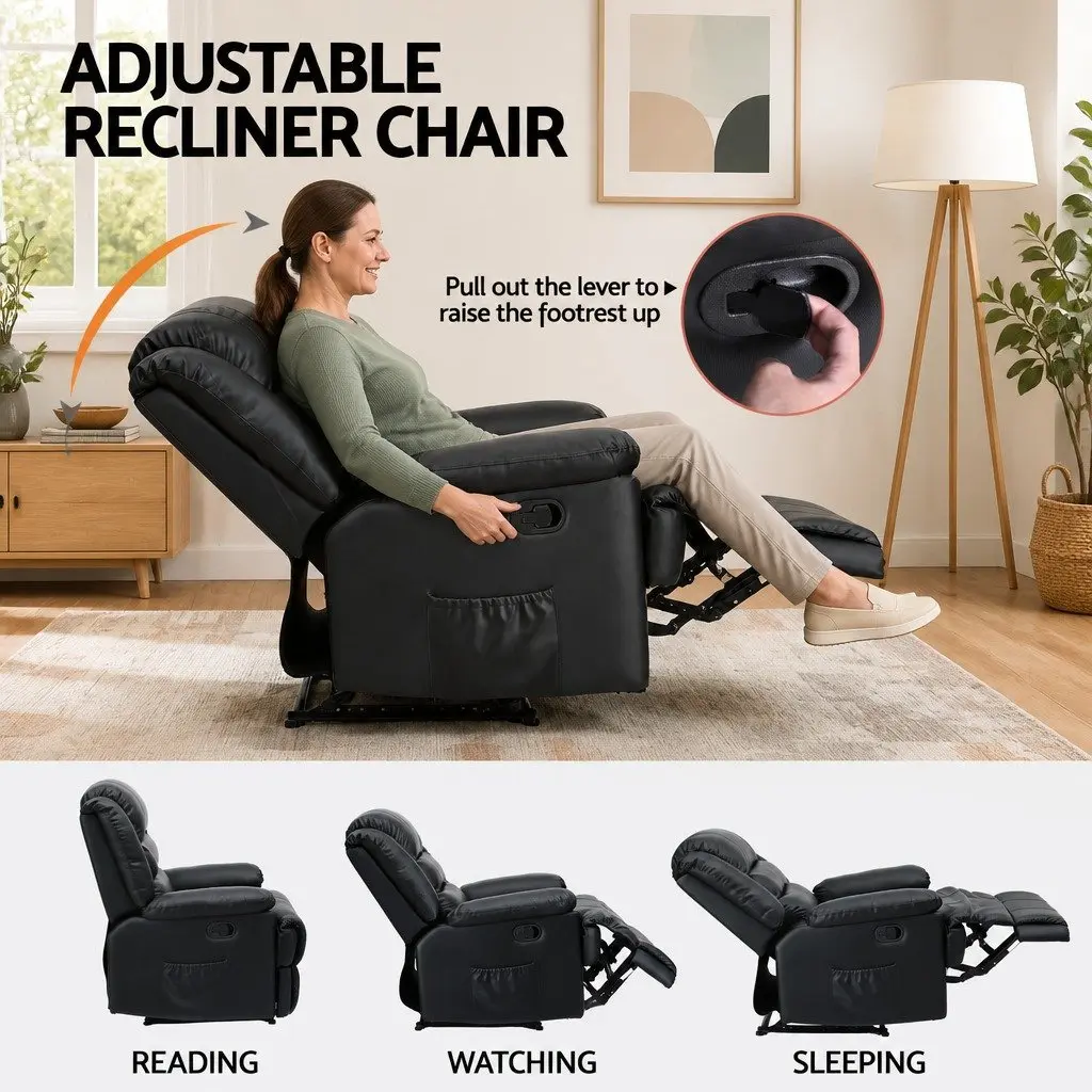 Manual Recliner Chair PU Leather Black with Footrest and 16 Colour LED Lights