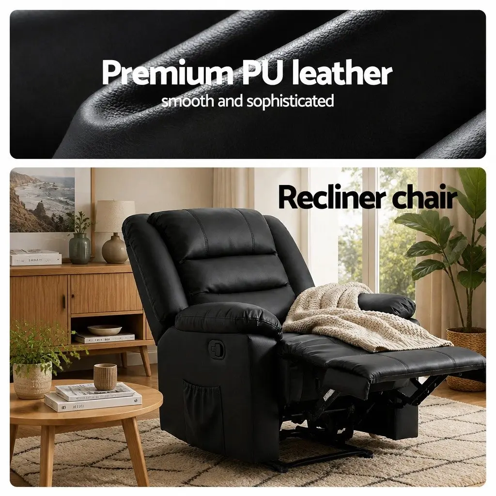 Manual Recliner Chair PU Leather Black with Footrest and 16 Colour LED Lights