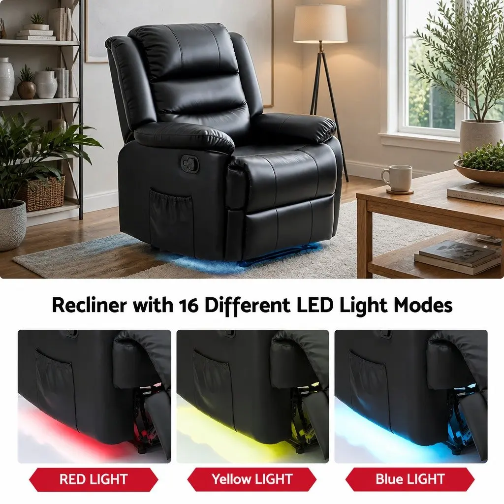 Manual Recliner Chair PU Leather Black with Footrest and 16 Colour LED Lights