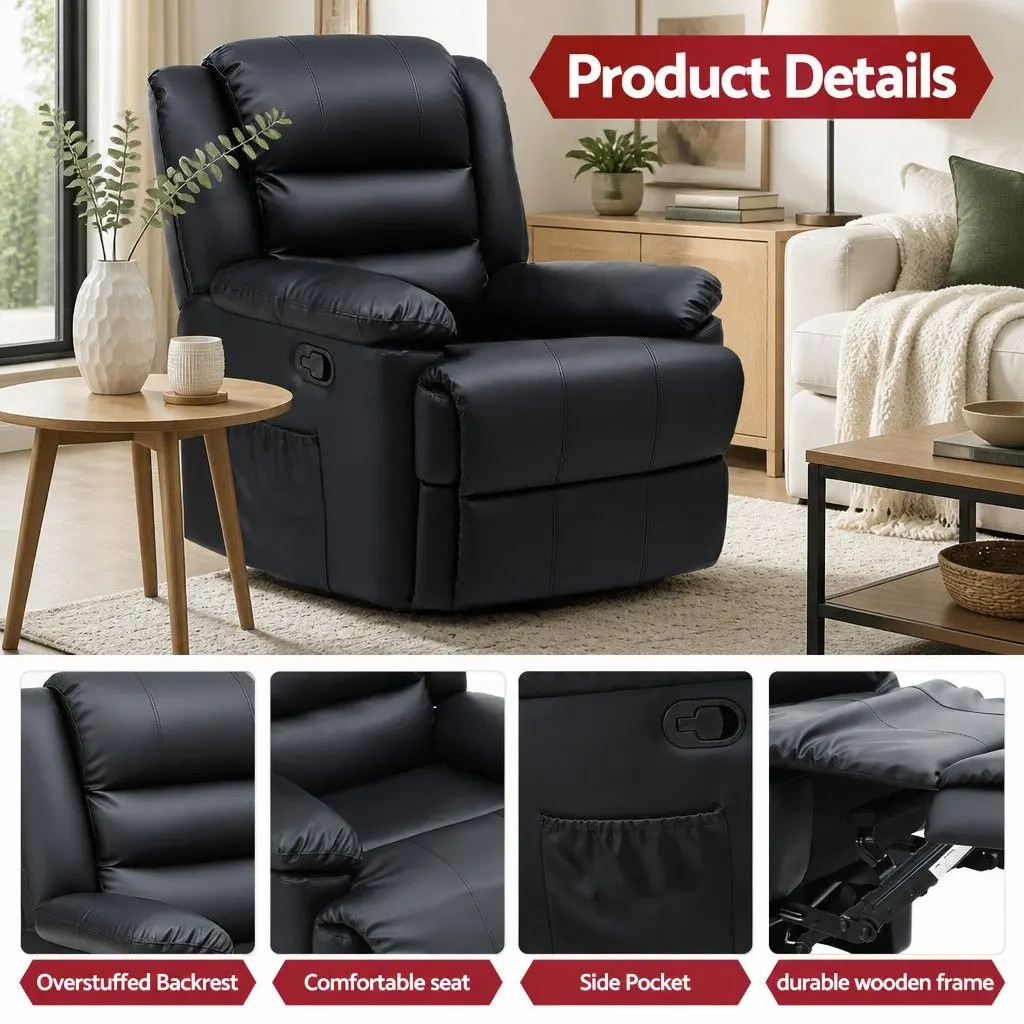 Manual Recliner Chair PU Leather Black with Footrest and 16 Colour LED Lights