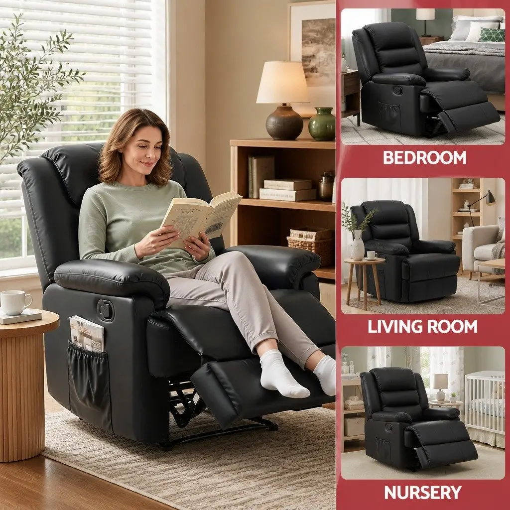 Manual Recliner Chair PU Leather Black with Footrest and 16 Colour LED Lights