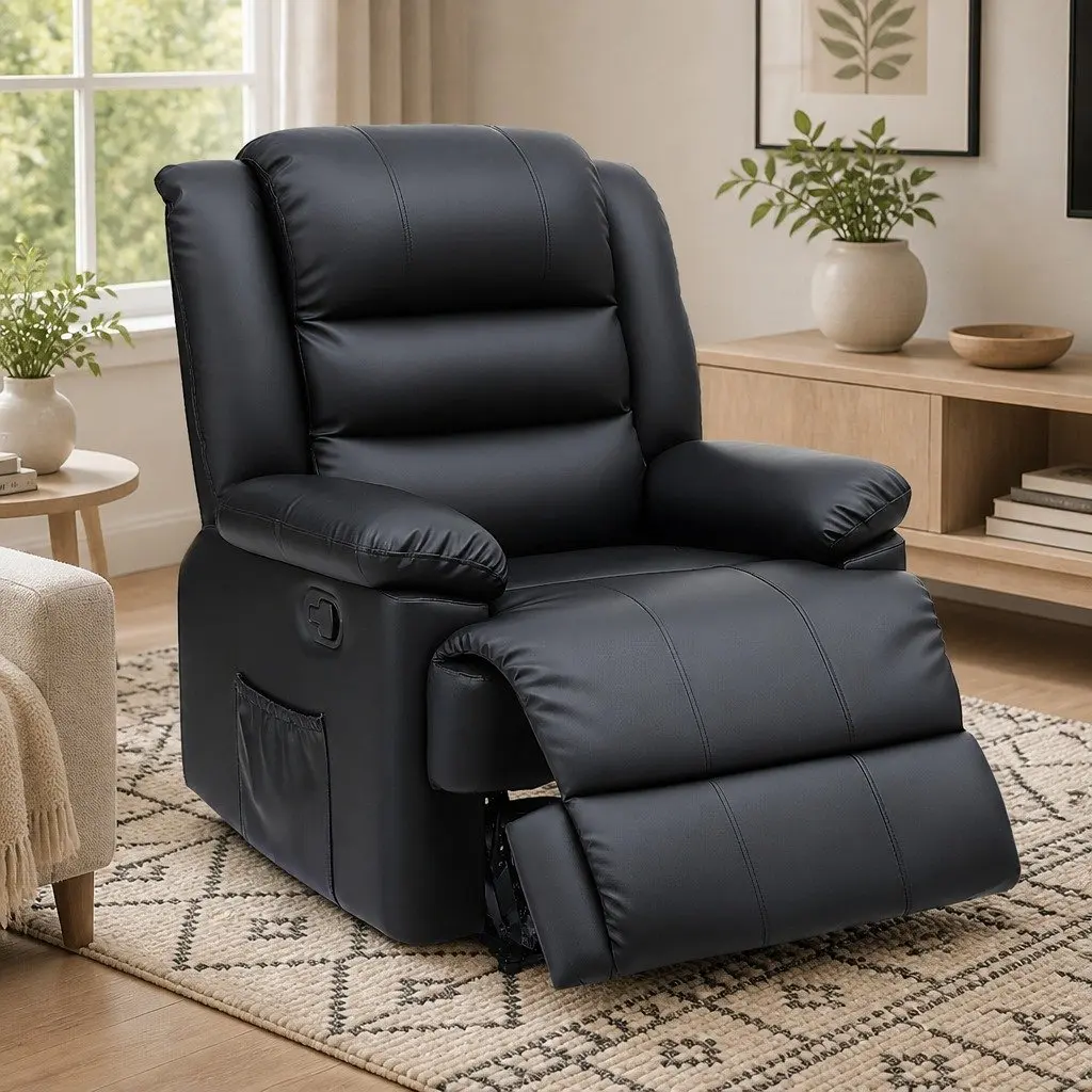 Manual Recliner Chair PU Leather Black with Footrest and 16 Colour LED Lights