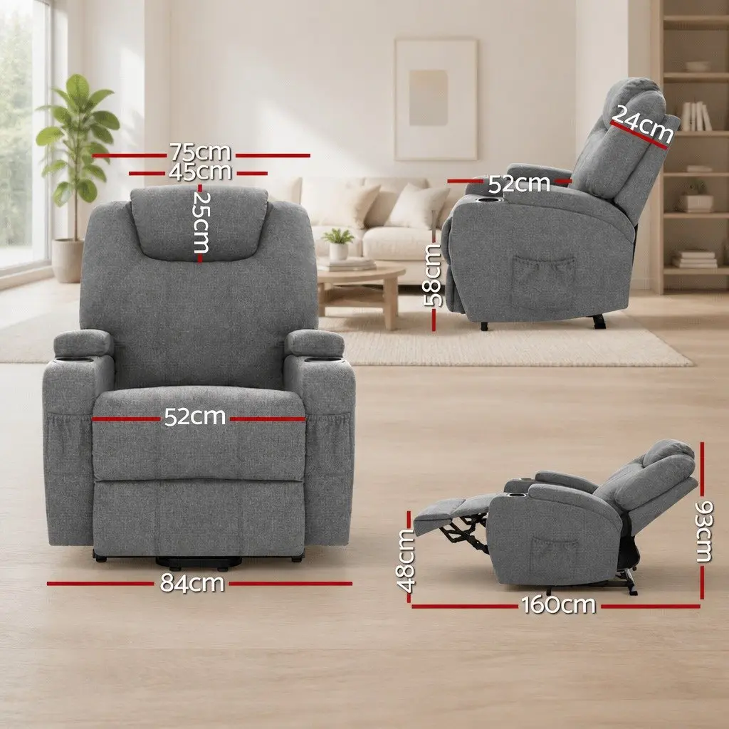 Recliner Chair Velvet Grey Adjustable Backrest Heated Massage Lift Assist Faux Linen