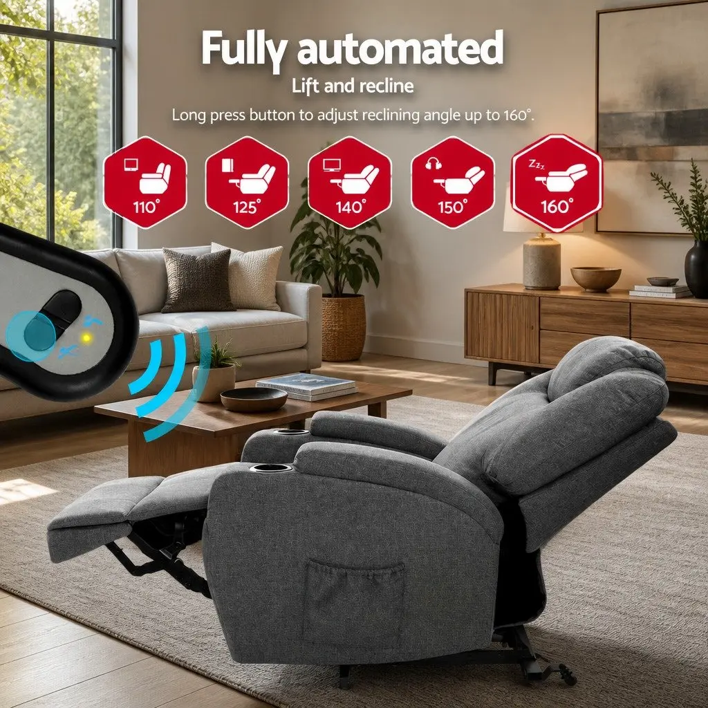 Recliner Chair Velvet Grey Adjustable Backrest Heated Massage Lift Assist Faux Linen