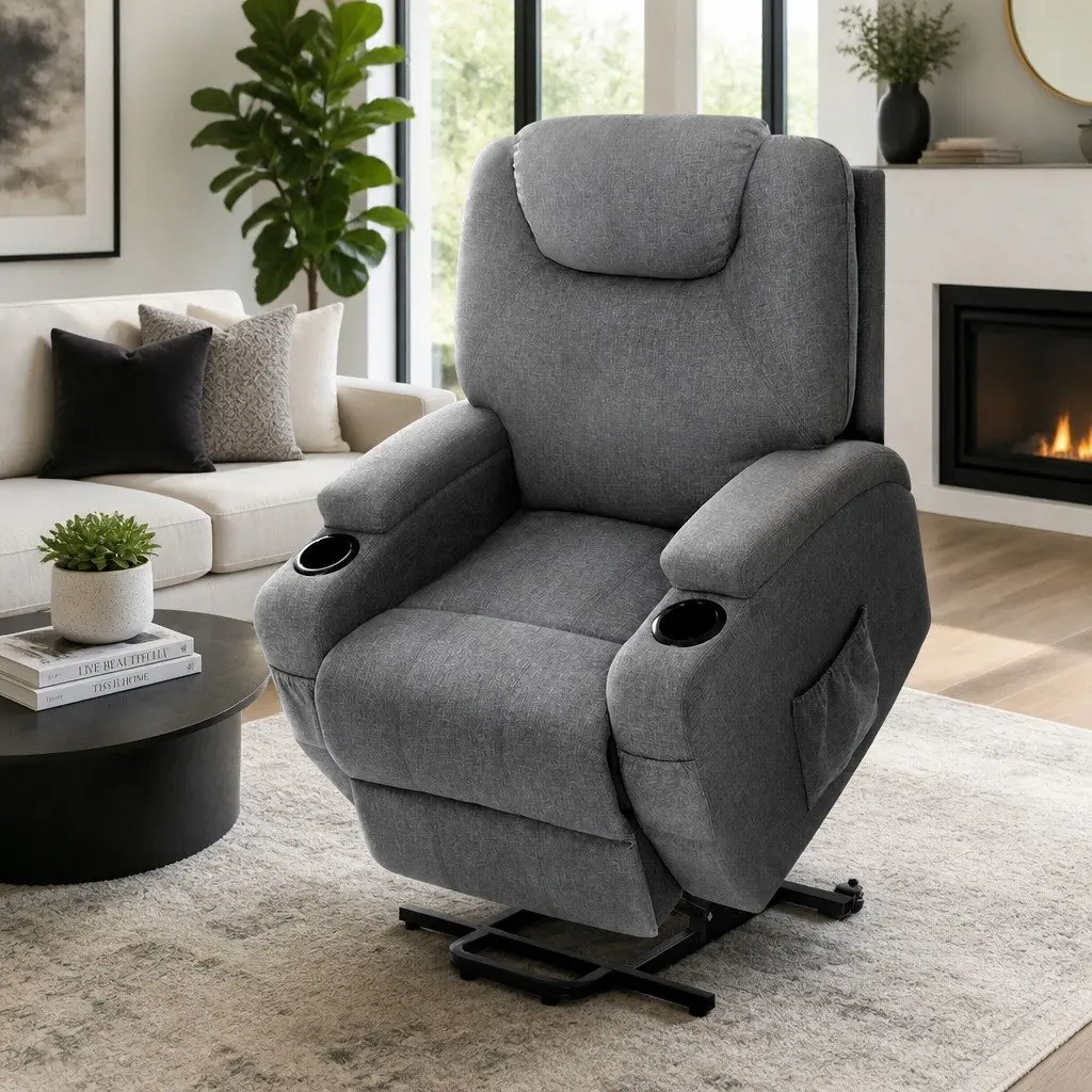 Recliner Chair Velvet Grey Adjustable Backrest Heated Massage Lift Assist Faux Linen