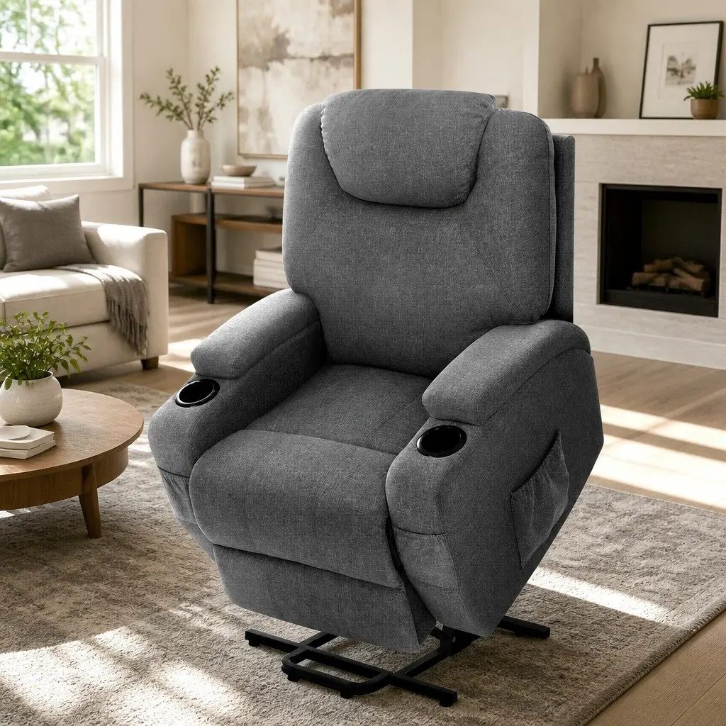 Recliner Chair Velvet Grey Adjustable Backrest Heated Massage Lift Assist Faux Linen