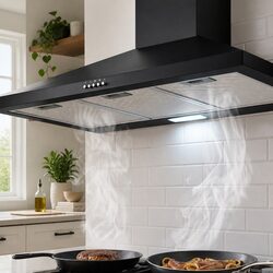 Black Range Hood 900mm Wall Mounted Kitchen Cooktop Extractor Fan LED Light