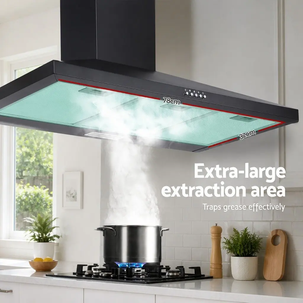 900mmWallMountedExtractorFanRangeHoodBlackPowderCoatedSteelwithLEDLighting