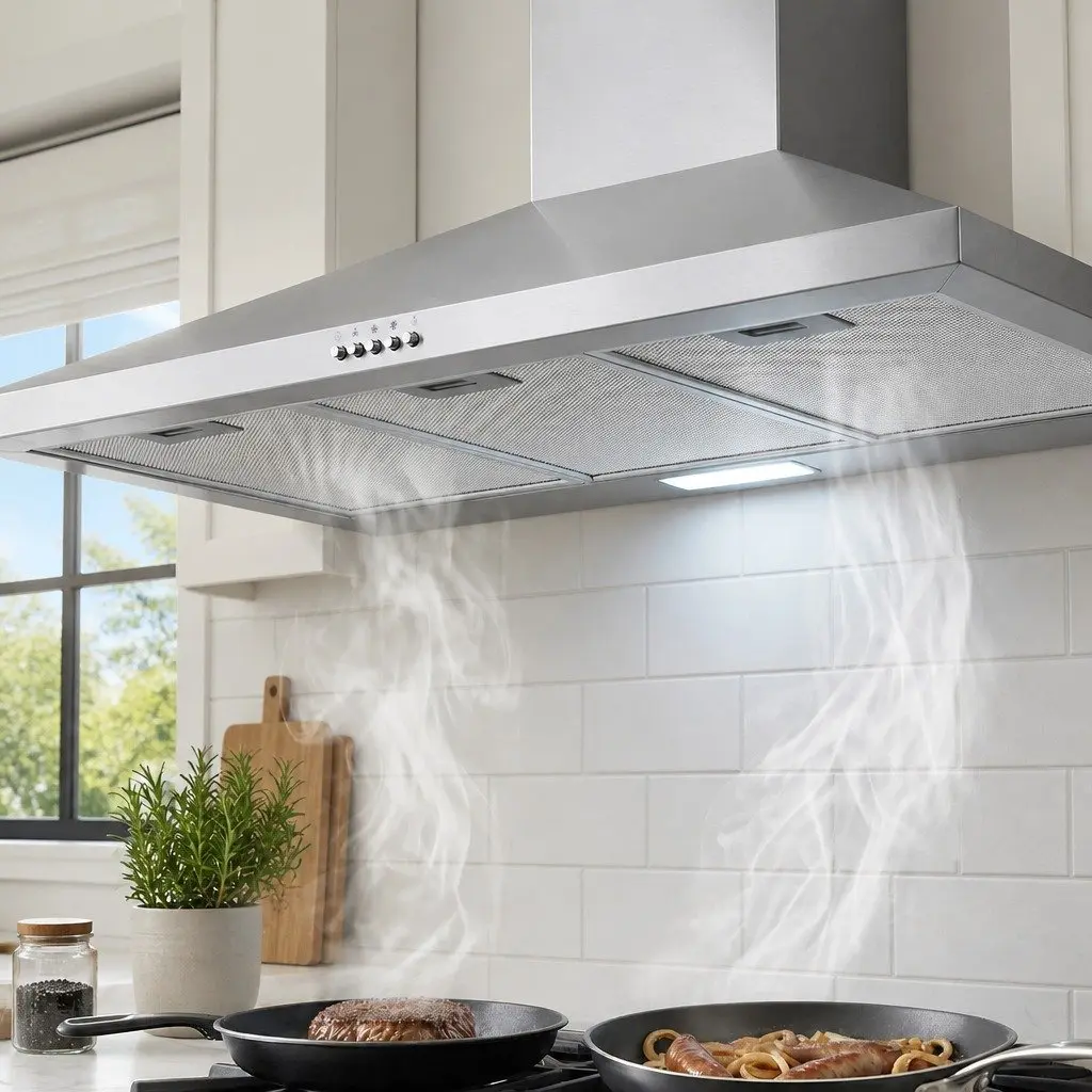 900mm Wall Mounted Range Hood Stainless Steel Kitchen Extractor Fan Silver with 3 Speed Control and LED Lighting