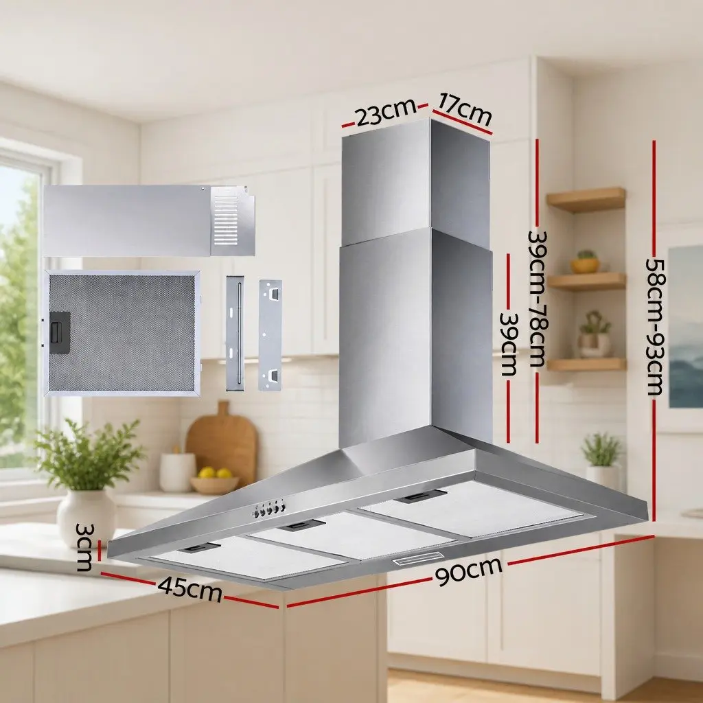900mm Wall Mounted Range Hood Stainless Steel Kitchen Extractor Fan Silver with 3 Speed Control and LED Lighting