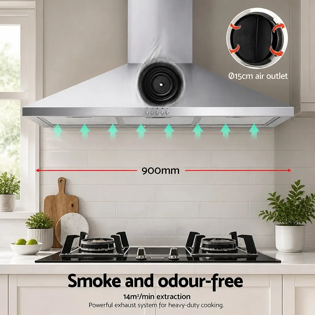 900mm Wall Mounted Range Hood Stainless Steel Kitchen Extractor Fan Silver with 3 Speed Control and LED Lighting