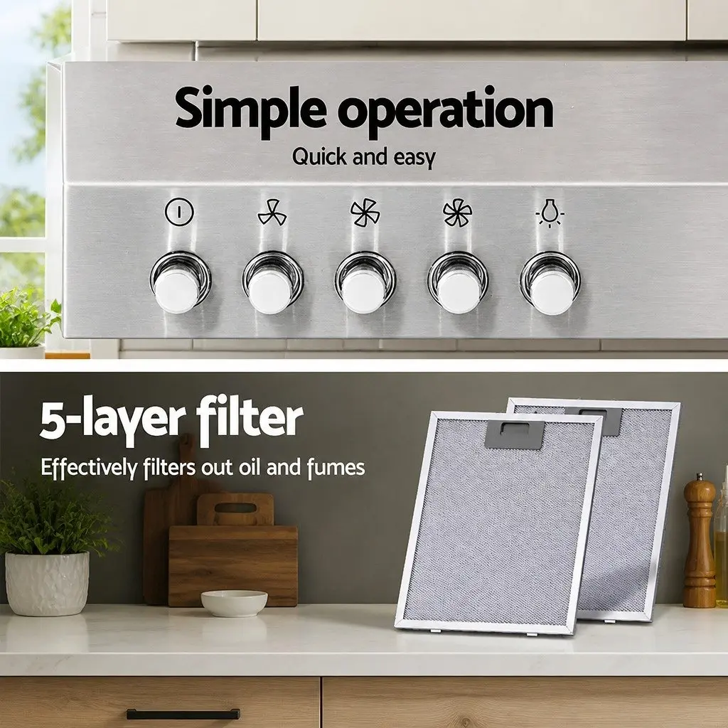 900mm Wall Mounted Range Hood Stainless Steel Kitchen Extractor Fan Silver with 3 Speed Control and LED Lighting