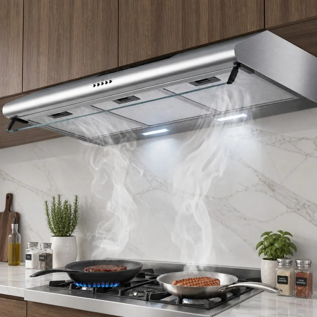 90cm Stainless Steel Range Hood Kitchen Extractor with Glass Visor 3-Speed Fan Silver