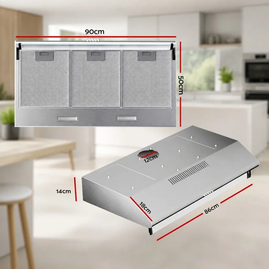 90cm Stainless Steel Range Hood Kitchen Extractor with Glass Visor 3-Speed Fan Silver