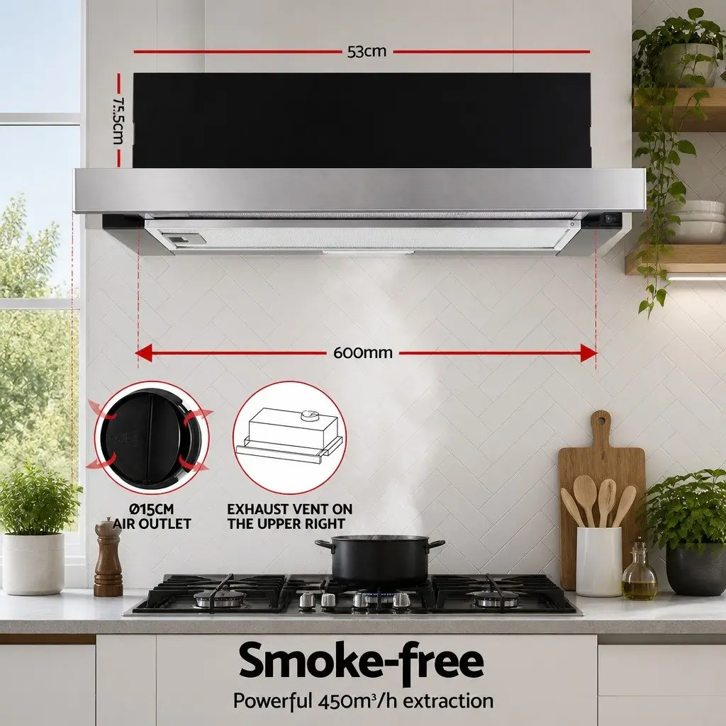 600mm Slide Out Range Hood 60cm Stainless Steel Cooker Exhaust Rangehood LED
