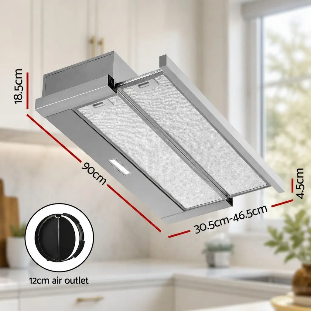 Slide Out Range Hood Stainless Steel 90cm Kitchen Exhaust Silver High Performance Motor