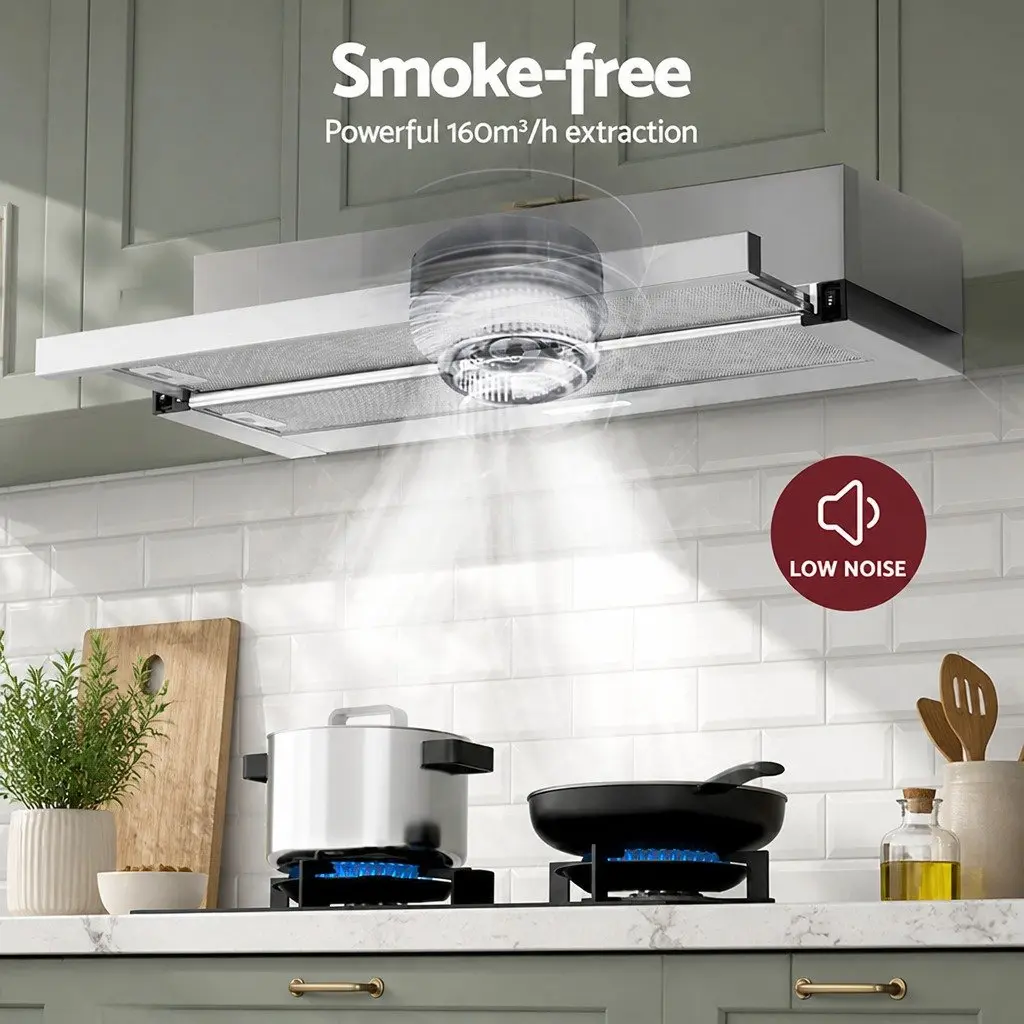 Slide Out Range Hood Stainless Steel 90cm Kitchen Exhaust Silver High Performance Motor