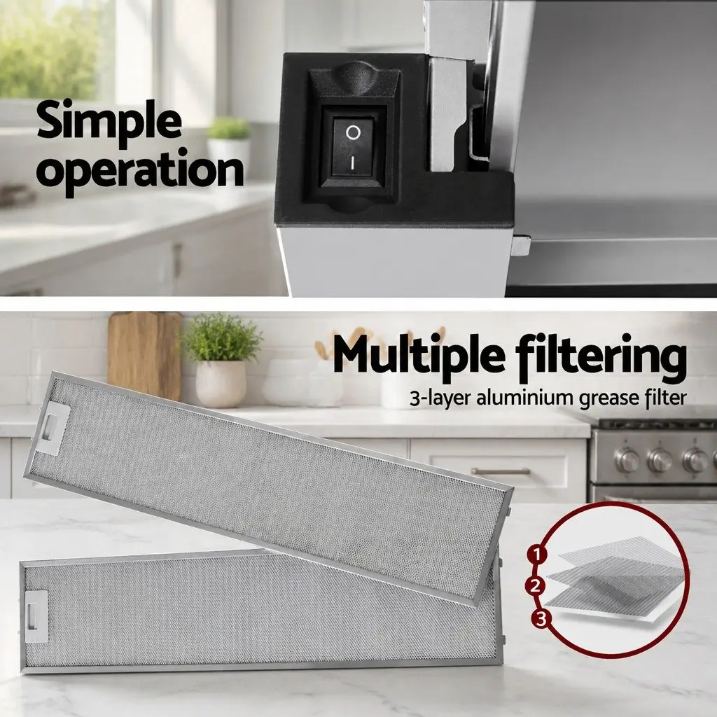 Slide Out Range Hood Stainless Steel 90cm Kitchen Exhaust Silver High Performance Motor