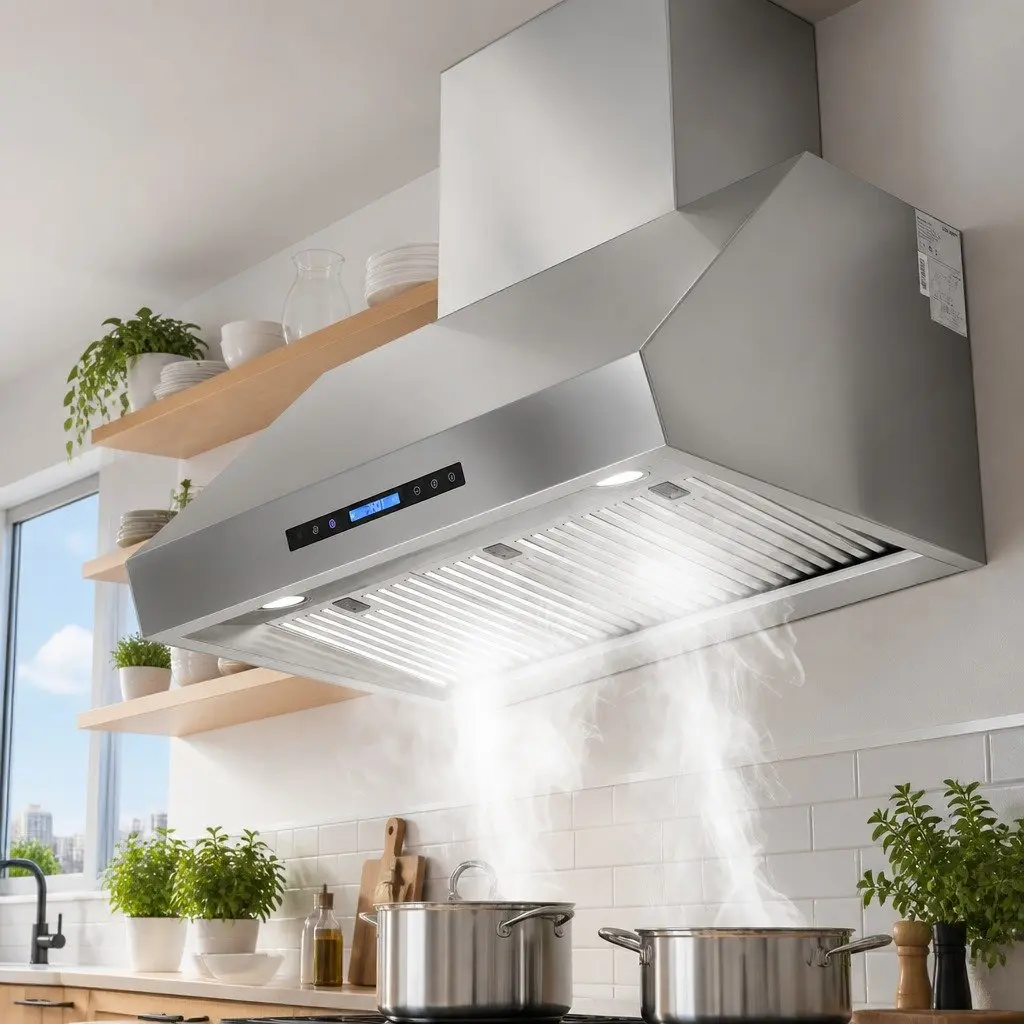 Wall-Mounted Range Hood Stainless Steel 900mm Silver 3-Speed Fan LED Display Remote Control