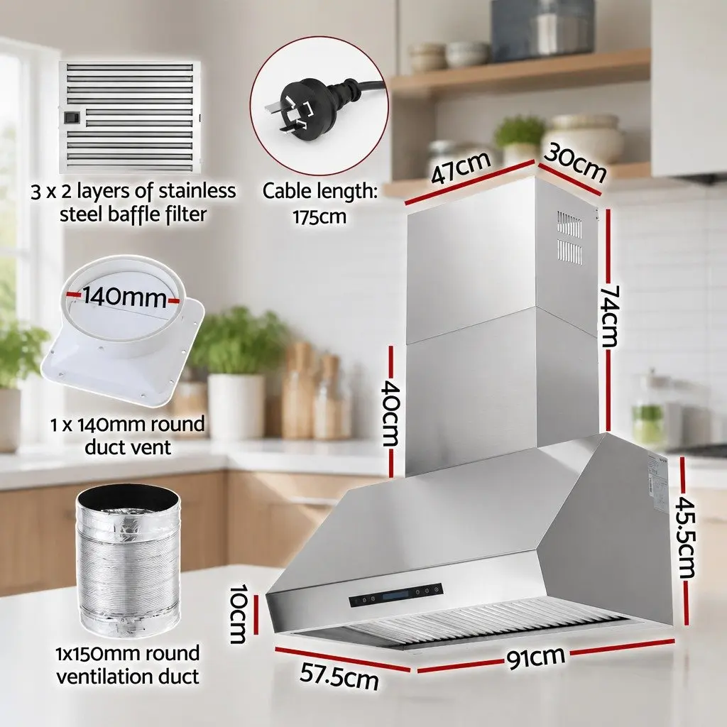 Wall-Mounted Range Hood Stainless Steel 900mm Silver 3-Speed Fan LED Display Remote Control