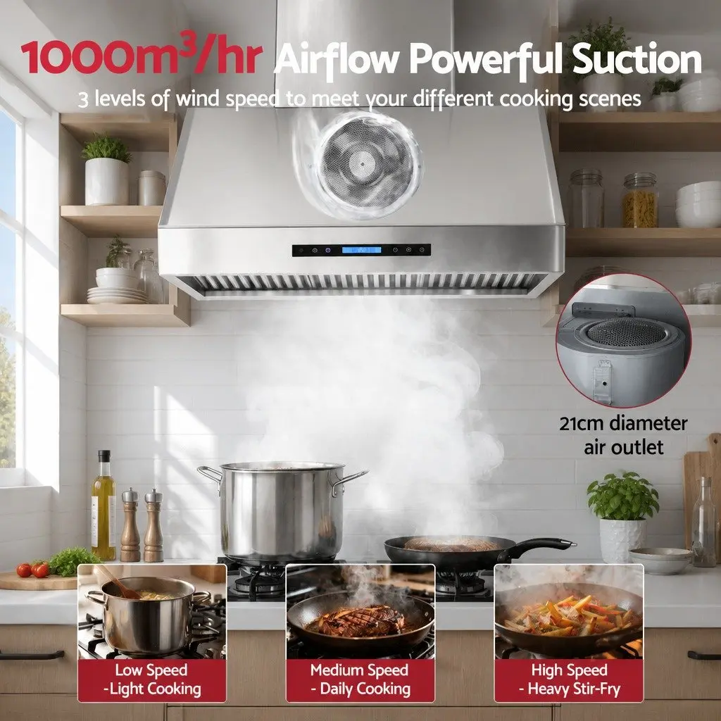 Wall-Mounted Range Hood Stainless Steel 900mm Silver 3-Speed Fan LED Display Remote Control