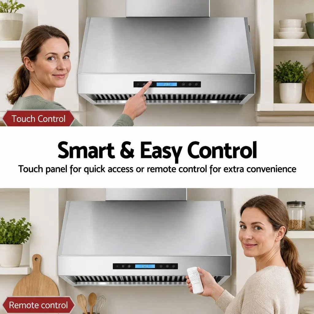 Wall-Mounted Range Hood Stainless Steel 900mm Silver 3-Speed Fan LED Display Remote Control