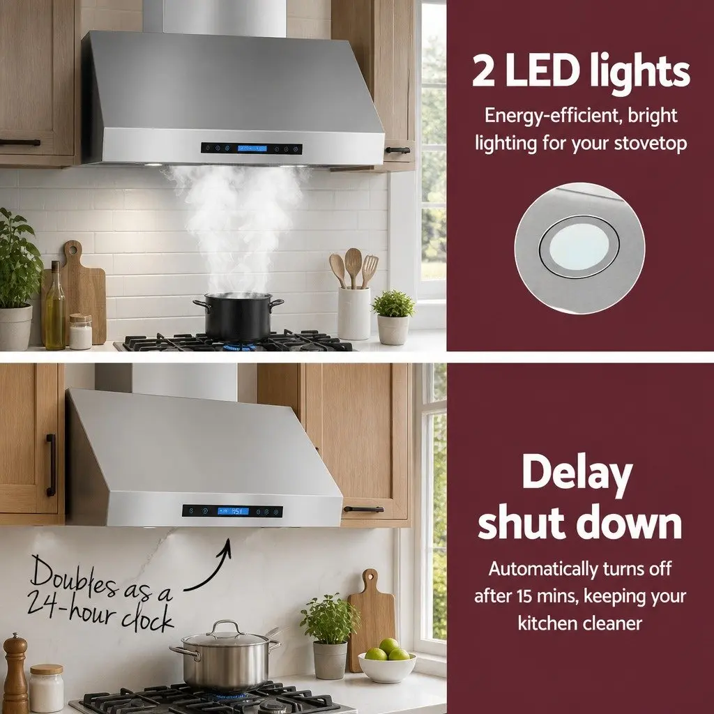 Wall-Mounted Range Hood Stainless Steel 900mm Silver 3-Speed Fan LED Display Remote Control