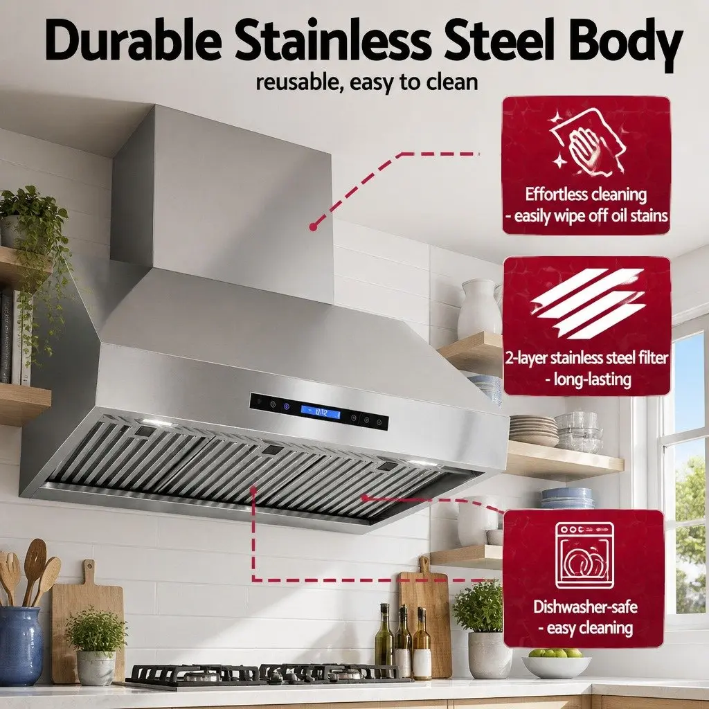 Wall-Mounted Range Hood Stainless Steel 900mm Silver 3-Speed Fan LED Display Remote Control