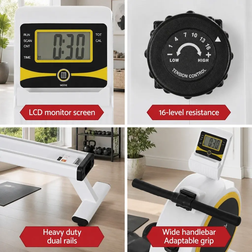 Rowing Machine Magnetic 16 Resistance Levels 3kg Flywheel Home Gym White Black
