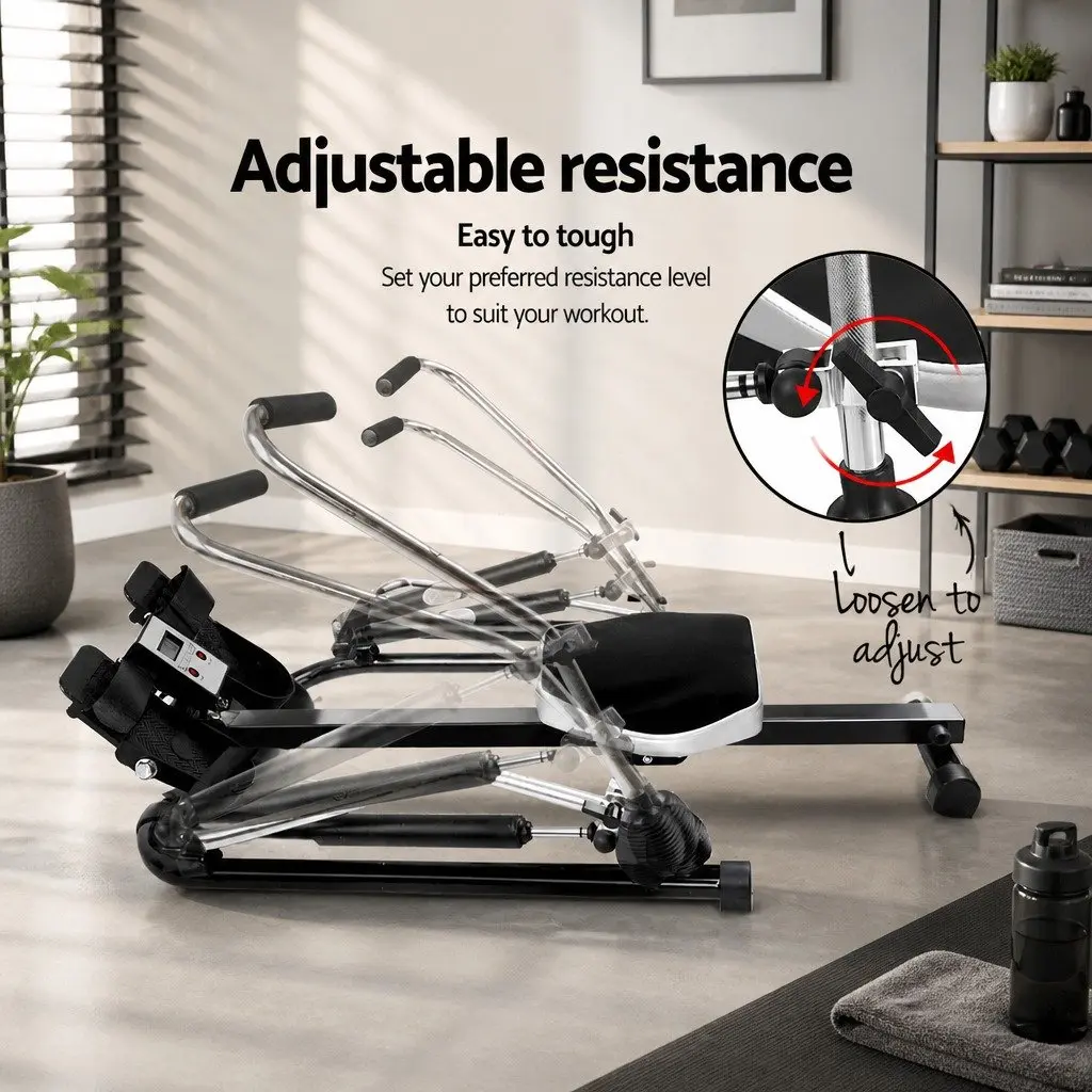 Rowing Machine Hydraulic Resistance Adjustable Size Black