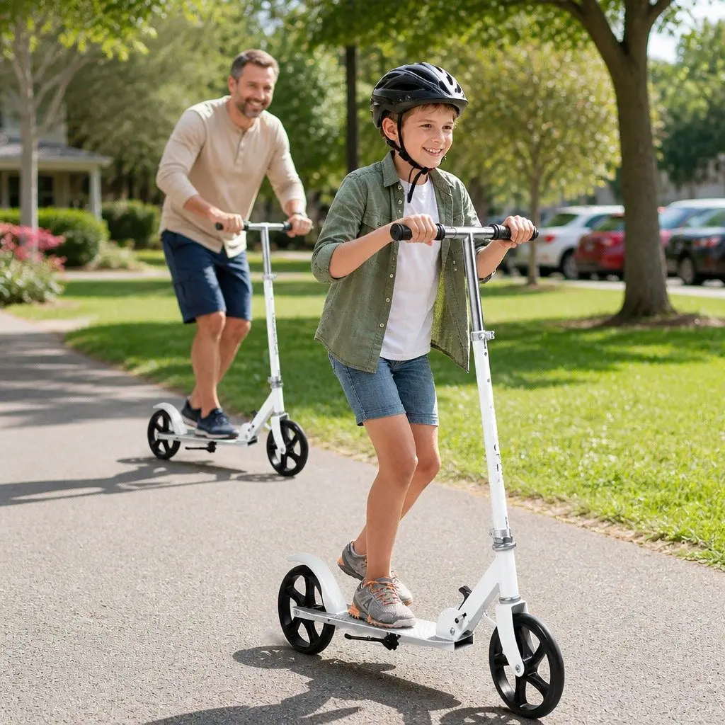 Folding Scooter Dual Large Wheels White Adjustable Height for Adults and Teens with Steel Frame