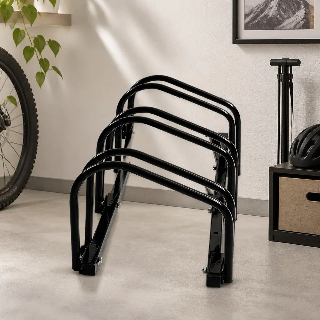 Bike Floor Parking Rack Steel Upright Storage 3 Bike Capacity Black