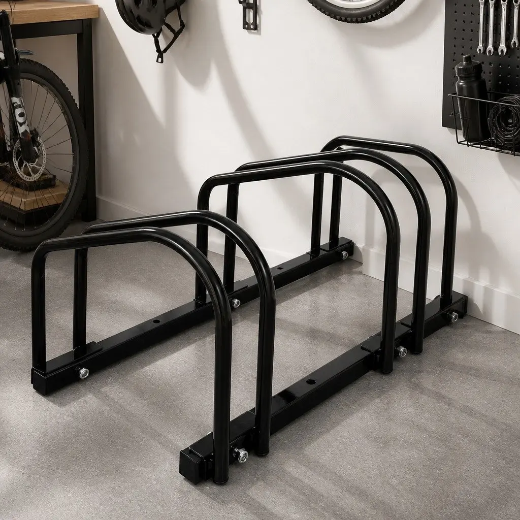 Bike Floor Parking Rack Steel Upright Storage 3 Bike Capacity Black