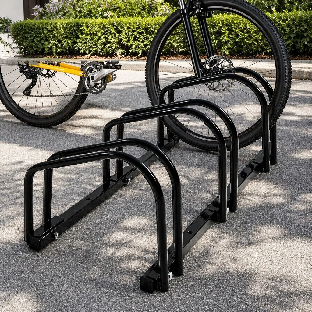 Bike Floor Parking Rack Steel Upright Storage 3 Bike Capacity Black