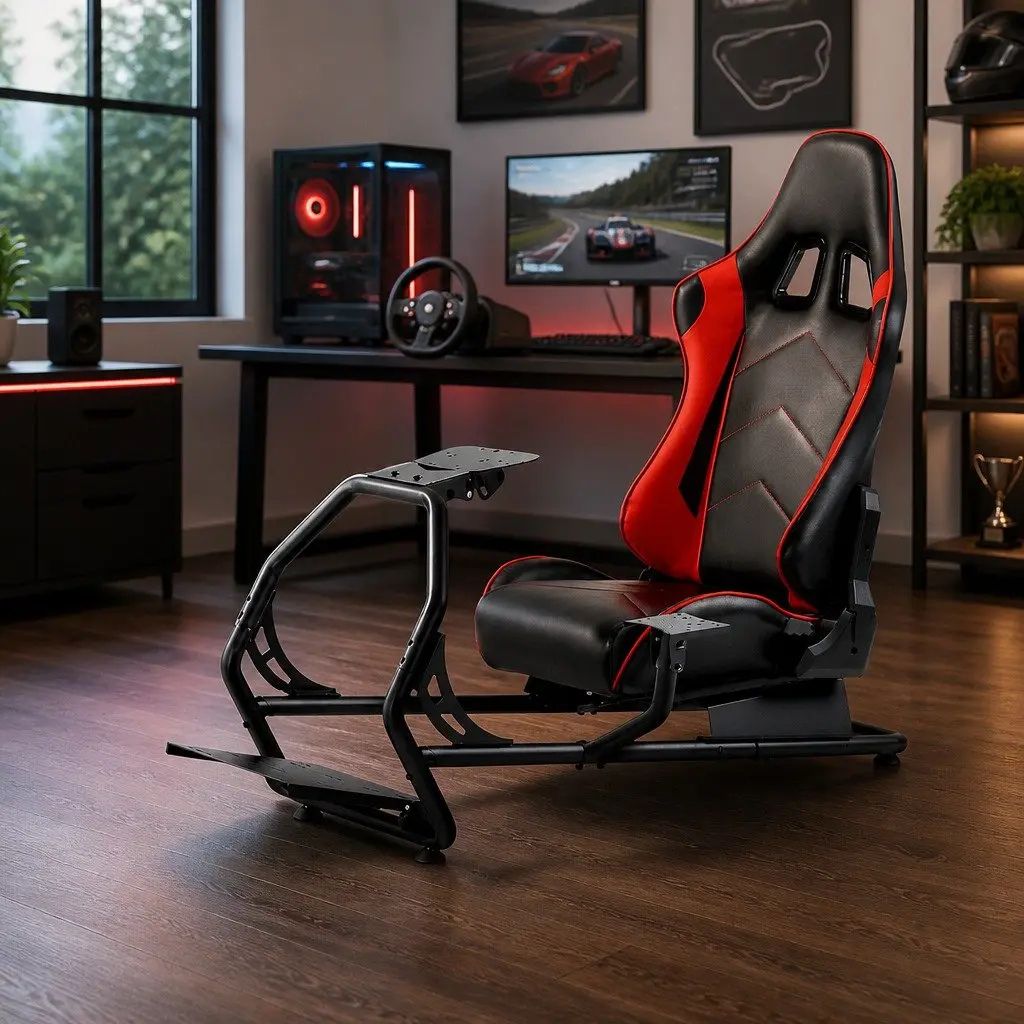 Racing Simulator Cockpit Gaming Chair Steel Frame PVC Leather Adjustable Black 130 x 48.5 x 110 cm
