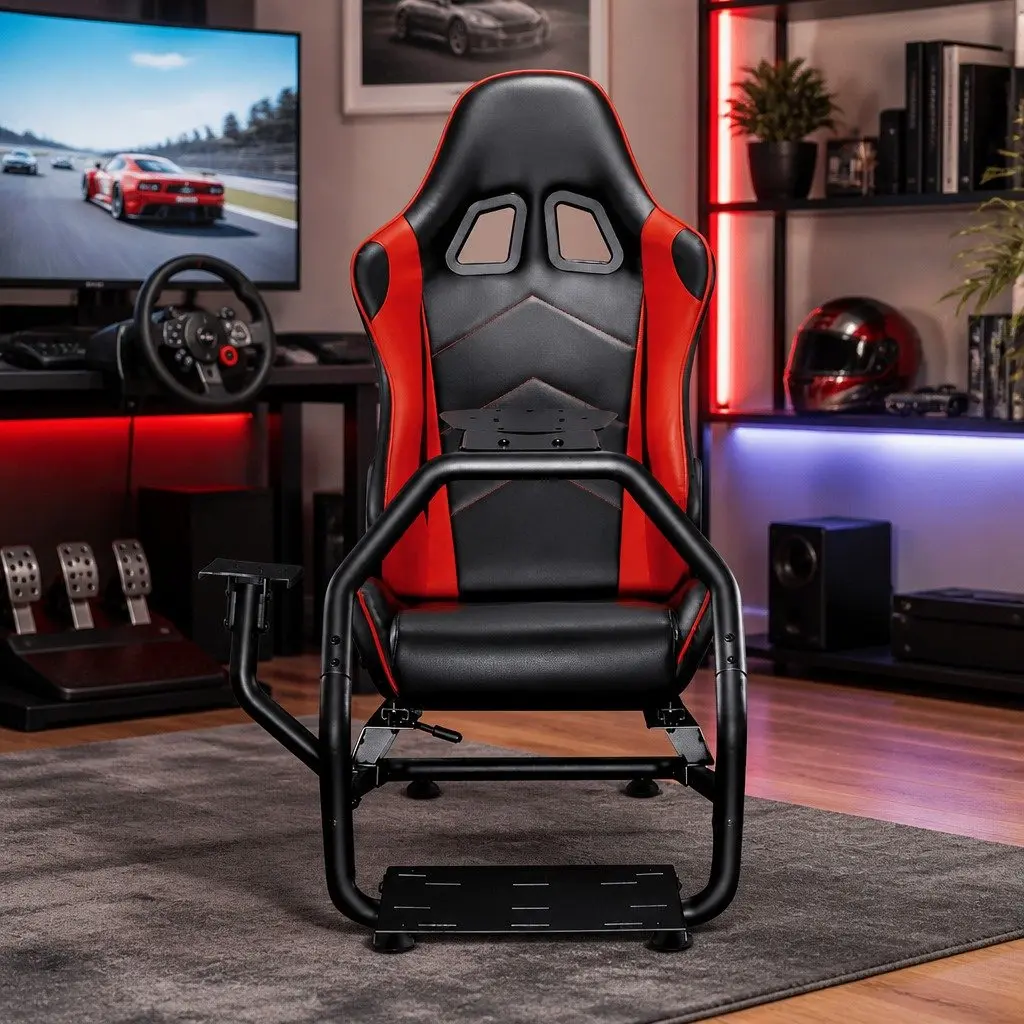 Racing Simulator Cockpit Gaming Chair Steel Frame PVC Leather Adjustable Black 130 x 48.5 x 110 cm