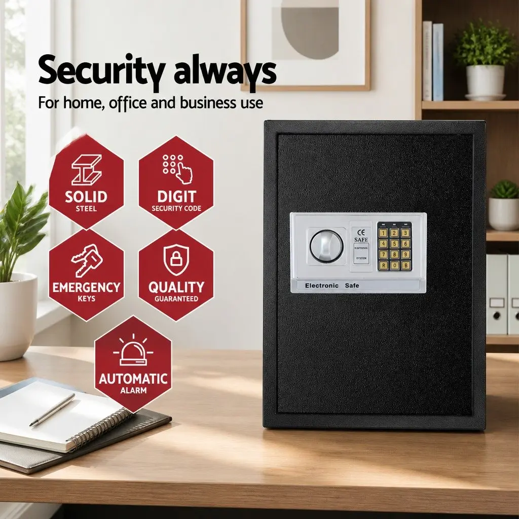 Digital Safe Box Electronic Lockbox Steel Construction Adjustable Shelving Black 50cm x 35cm x 30.5cm