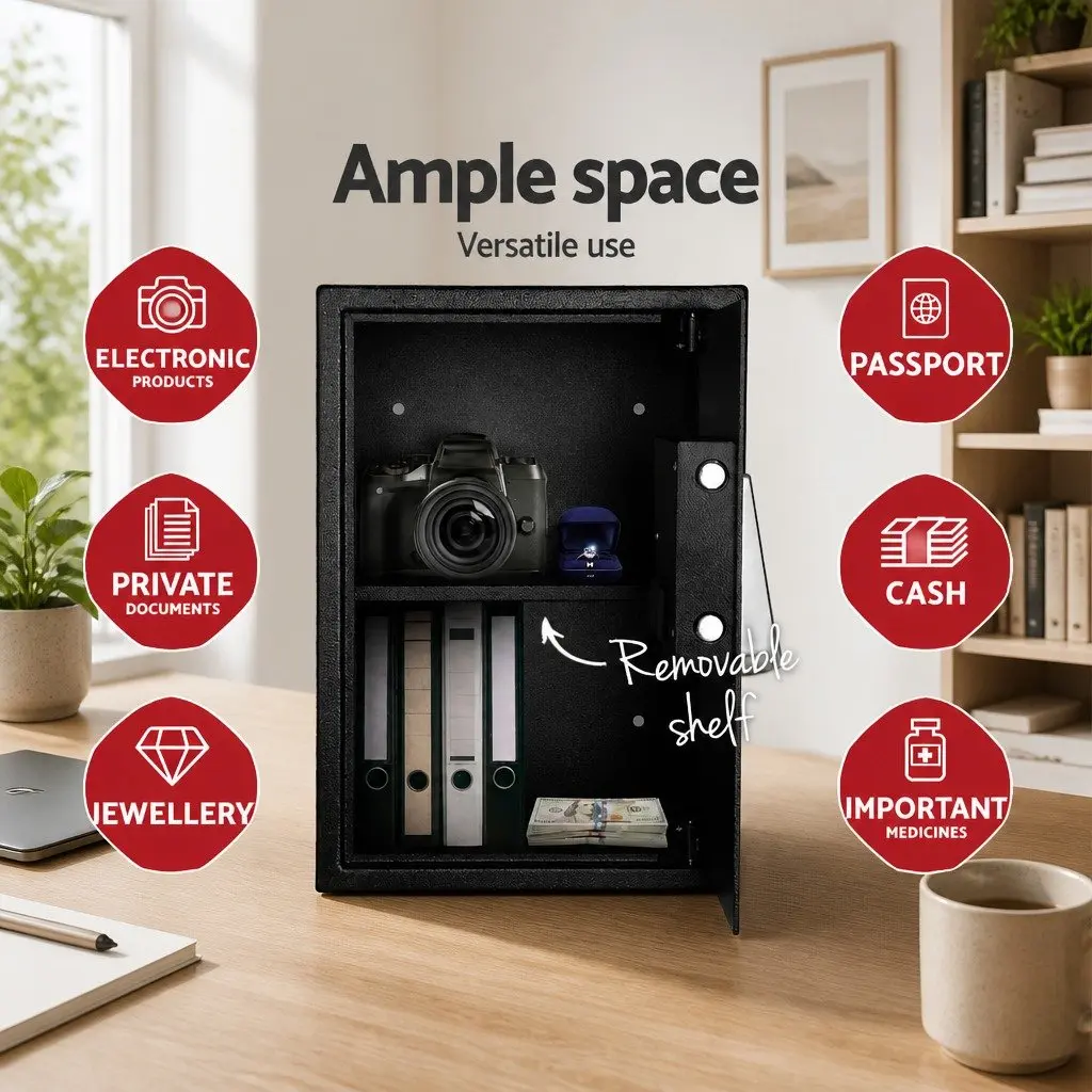 Digital Safe Box Electronic Lockbox Steel Construction Adjustable Shelving Black 50cm x 35cm x 30.5cm