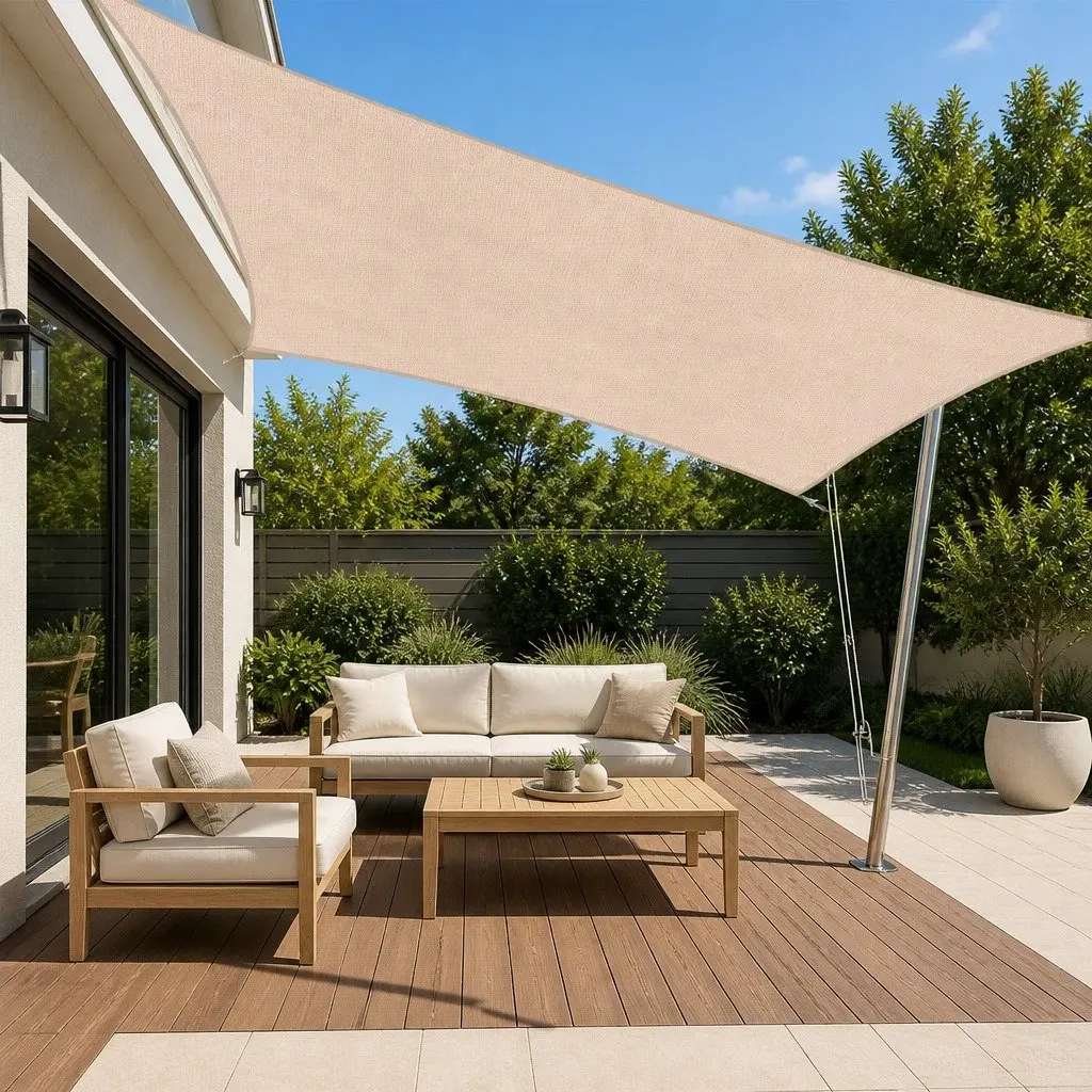 Rectangular Shade Sail Canopy Polyethylene Fabric 5x9M Beige UV Block Outdoor Sun Shelter