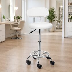 Salon Stool Swivel Chair with Backrest Adjustable Height Rotating White