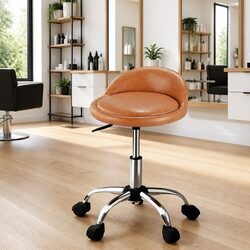 Salon Stool Swivel Chair with Backrest Brown Adjustable Height Castor Wheels