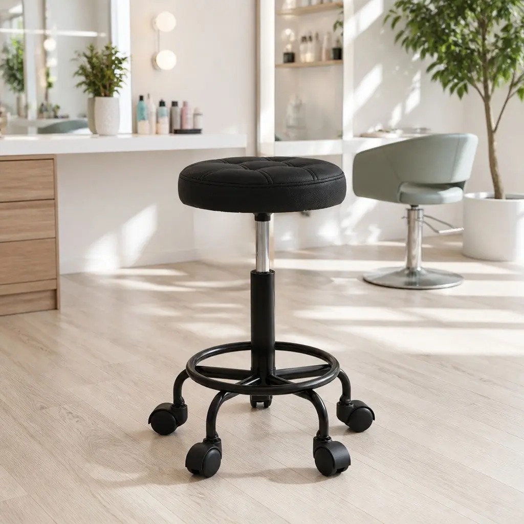 Swivel Chair Adjustable Height Black Round Stool PU Leather Foam Padding Chrome Base Five Castor Wheels