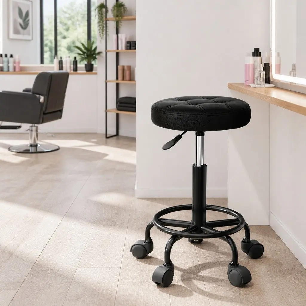 Swivel Chair Adjustable Height Black Round Stool PU Leather Foam Padding Chrome Base Five Castor Wheels