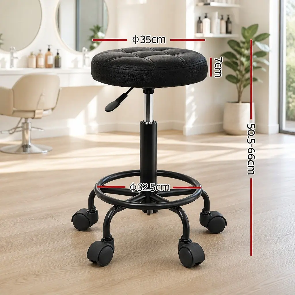Swivel Chair Adjustable Height Black Round Stool PU Leather Foam Padding Chrome Base Five Castor Wheels